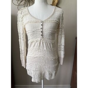 Hazel Lace Knit Top Medium Ivory Boho Cottagecore Ruffle Henley Long Sleeve